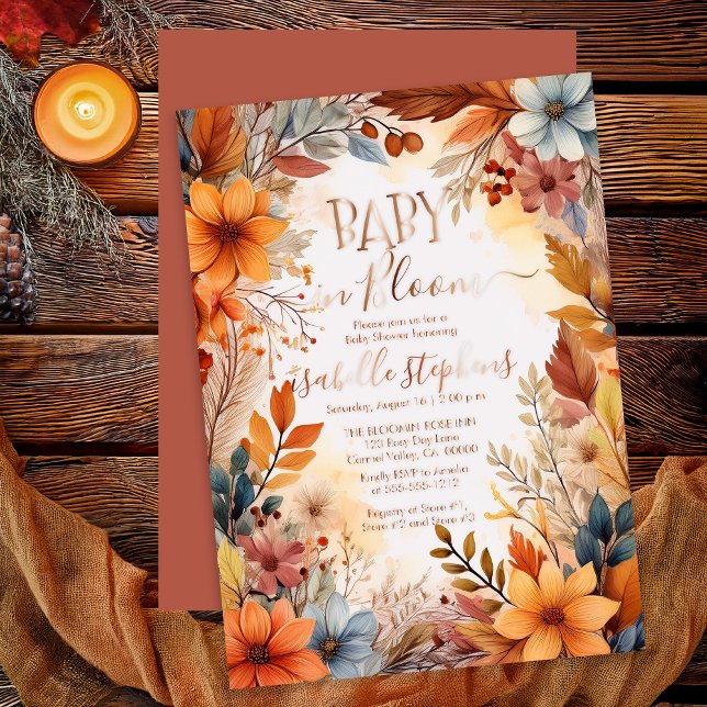 Invitación Con Relieve Metalizado Boho Baby in Bloom Fall Floral Frame Baby Shower (Boho Baby in Bloom Fall | Autumn Floral Baby Shower Rose Gold Foil Invitation)