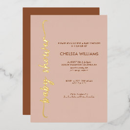 Invitación Con Relieve Metalizado Boho Beige y Terracota Oro de Hoja de Bebé