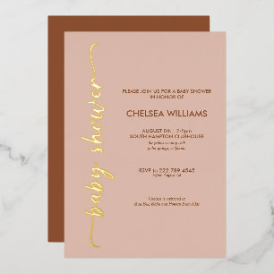 Invitación Con Relieve Metalizado Boho Beige y Terracota Oro de Hoja de Bebé