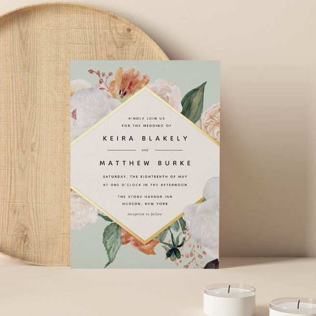 Invitación Con Relieve Metalizado Boho Blooms | Boda floral geométrico moderno (Subido por el creador)