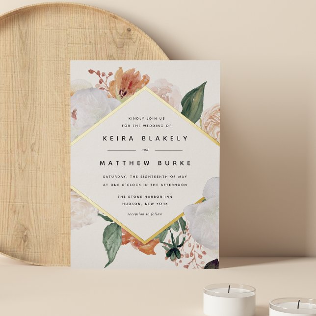 Invitación Con Relieve Metalizado Boho Blooms | Boda floral geométrico moderno (Subido por el creador)