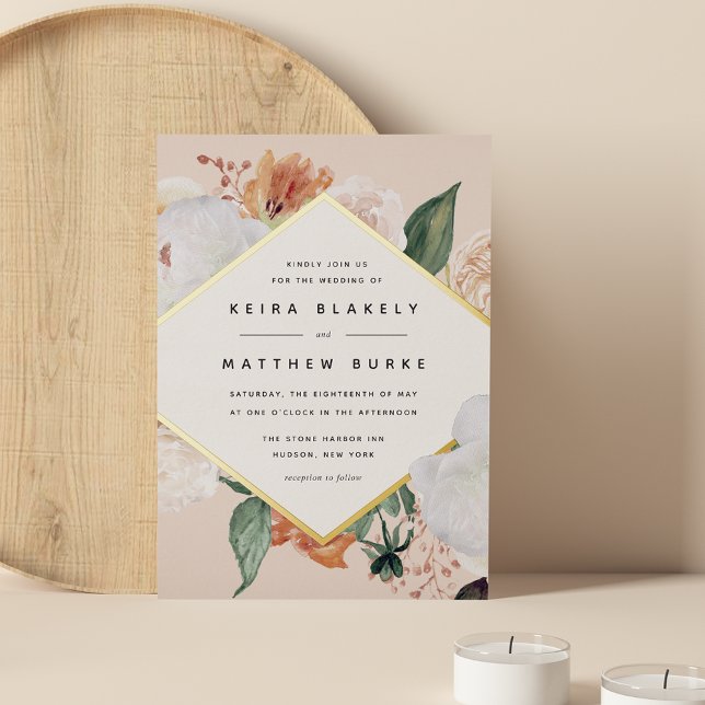 Invitación Con Relieve Metalizado Boho Blooms | Boda floral geométrico moderno (Subido por el creador)