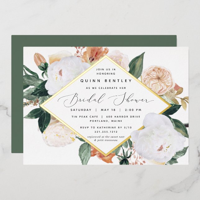 Invitación Con Relieve Metalizado Boho Blooms Floral Bridal Shower (Anverso/Reverso)