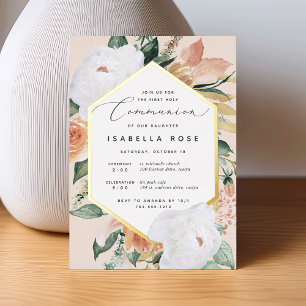 Invitación Con Relieve Metalizado Boho Blooms Moderna Primera Comunión