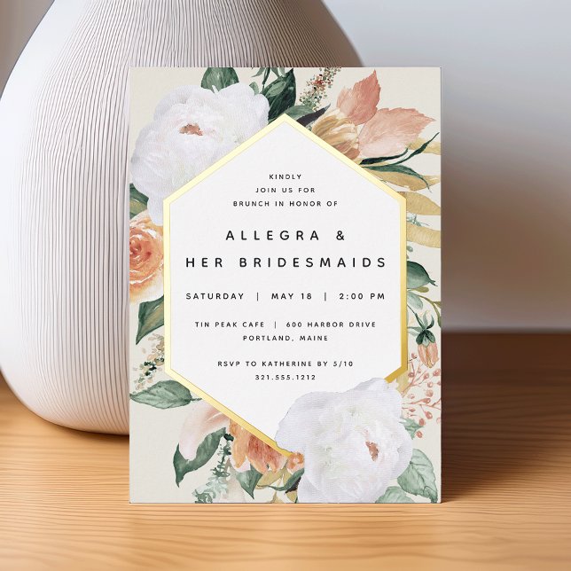 Invitación Con Relieve Metalizado Boho Blooms Modernas Bridesmaids Florales Brunch (Subido por el creador)
