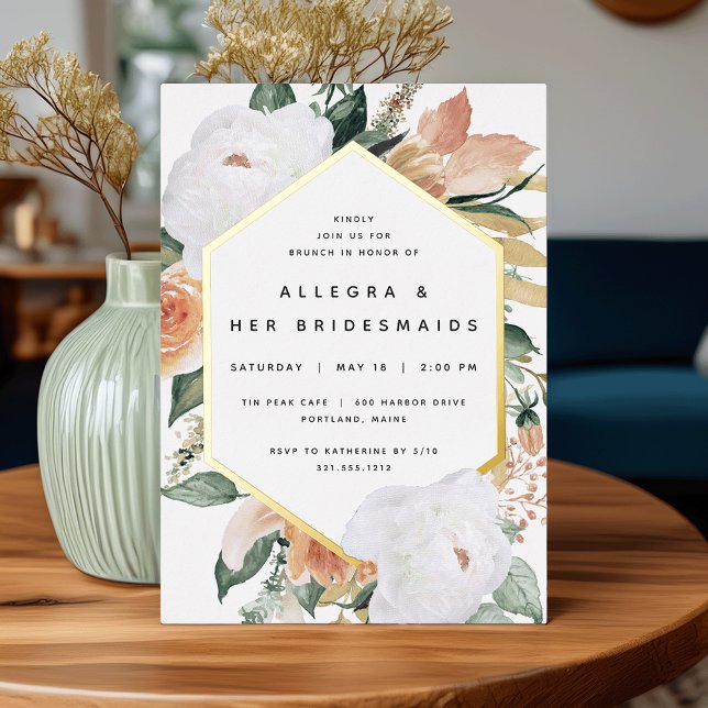 Invitación Con Relieve Metalizado Boho Blooms Modernas Bridesmaids Florales Brunch (Subido por el creador)