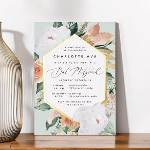 Invitación Con Relieve Metalizado Boho Blooms Moderno Bat Mitzvah Floral