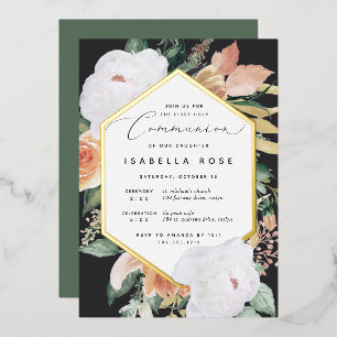 Invitación Con Relieve Metalizado Boho Blooms Primera Comunión Moderna Floral