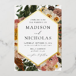 Invitación Con Relieve Metalizado Boho Boda de marco geométrico floral de otoño