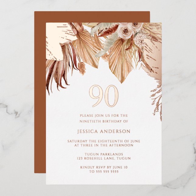 Invitación Con Relieve Metalizado Boho Boho Floral 90 Rosa del Partido de Cumpleaños (Anverso/Reverso)