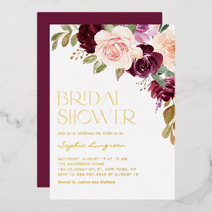 Invitación Con Relieve Metalizado Boho Borgoña y Flores de Melocotón Despedida de So