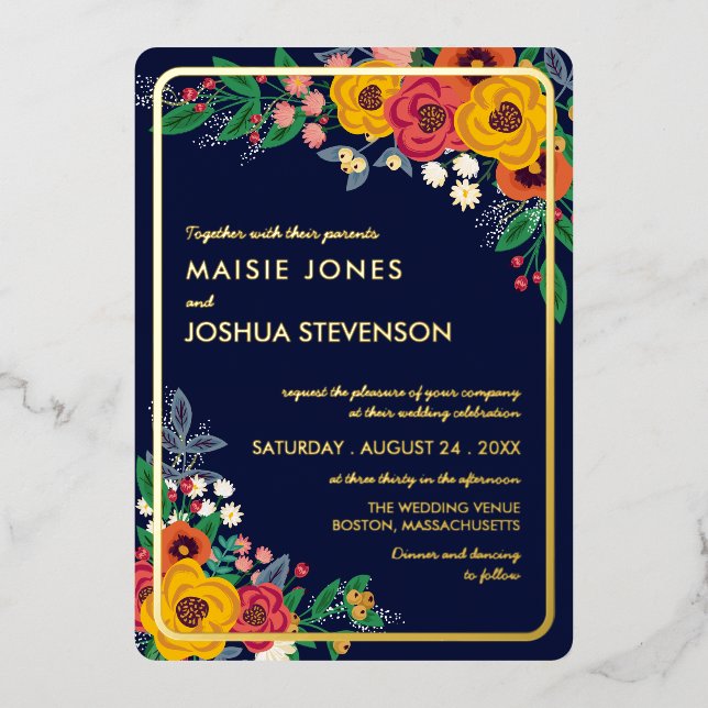Invitación Con Relieve Metalizado Boho Bouquet Gold (Anverso)