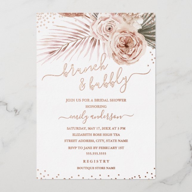 Invitación Con Relieve Metalizado Boho Brunch Y Bubbly ROSA GOLD Bridal Shower (Anverso)