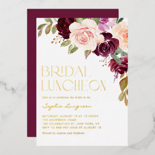 Invitación Con Relieve Metalizado Boho Burgundy Peach Flowe Fall Bridal Luncheon