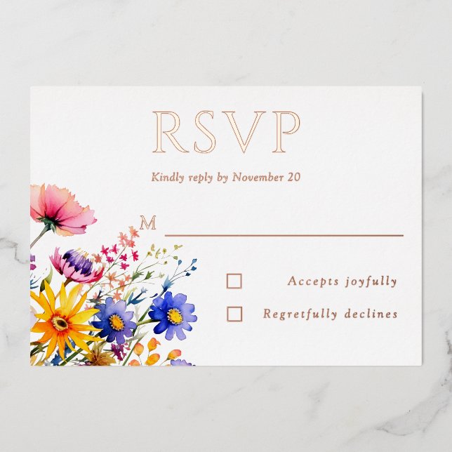 Invitación Con Relieve Metalizado Boho Country Wildflower Wedding RSVP (Anverso)
