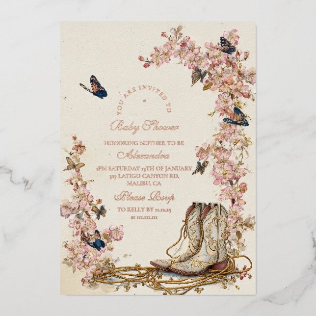 Invitación Con Relieve Metalizado Boho Cowgirl Boots Baby Shower (Anverso)