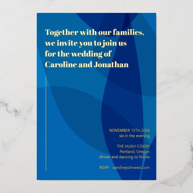 Invitación Con Relieve Metalizado Boho creativo moderno resumen oro Boda azul (Anverso)