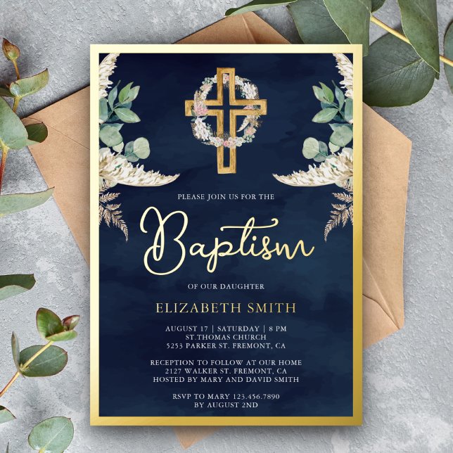 Invitación Con Relieve Metalizado Boho Cross Pampas Eucalyptus Baptism Navy Gold (Subido por el creador)