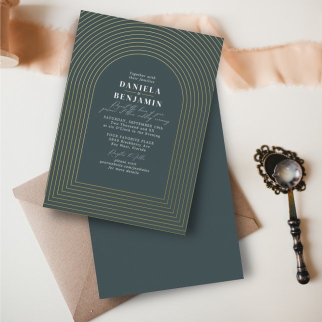 Invitación Con Relieve Metalizado Boho Delicate Arco Boda Verde oscuro (Subido por el creador)