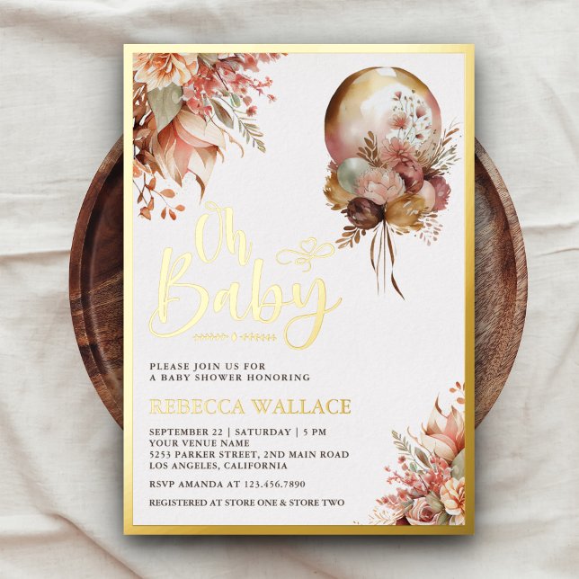 Invitación Con Relieve Metalizado Boho Earthy Floral Balloon Chica Baby Shower Gold (Subido por el creador)
