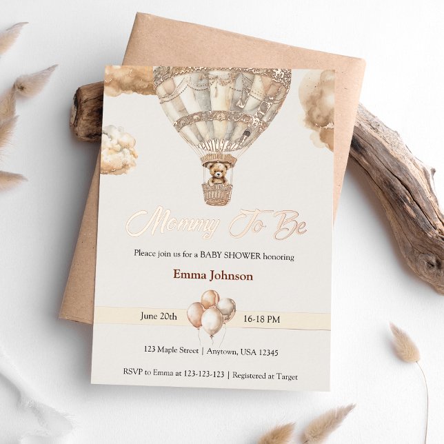 Invitación Con Relieve Metalizado Boho Elegant Bear Air Balloon Baby Shower (Subido por el creador)