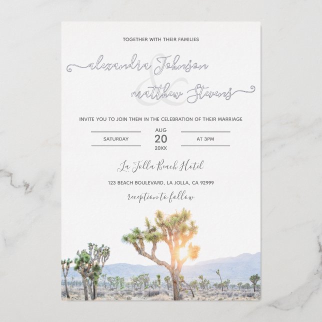 Invitación Con Relieve Metalizado Boho Elegant Greenery Photo Joshua Tree Boda (Anverso)