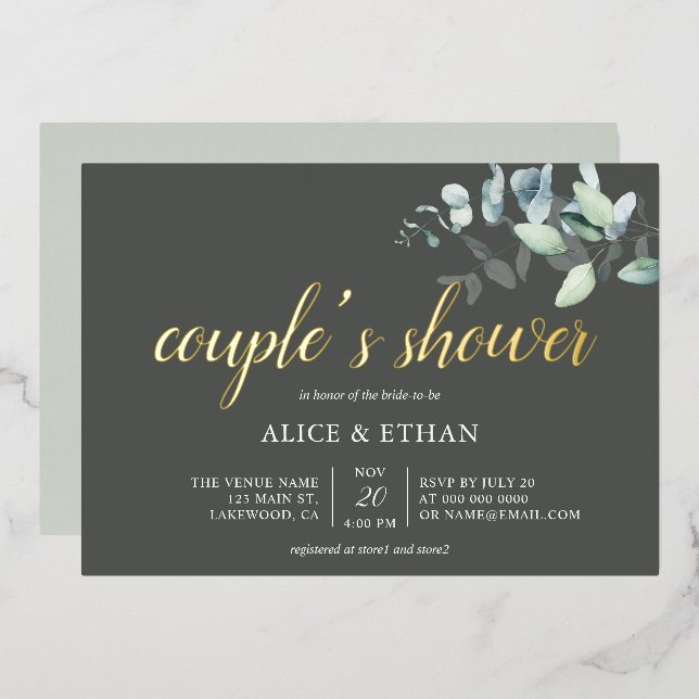 Invitación Con Relieve Metalizado Boho Eucalyptus deja a las parejas invitat al Reli (Anverso/Reverso)