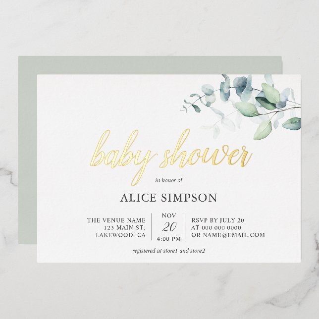 Invitación Con Relieve Metalizado Boho Eucalyptus deja Baby Shower (Anverso/Reverso)