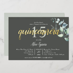 Invitación Con Relieve Metalizado Boho Eucalyptus deja Quinceanera