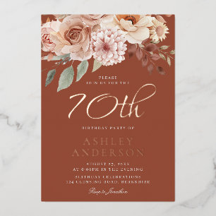 Invitación Con Relieve Metalizado Boho Floral 70th Birthday Party Rosa Gold