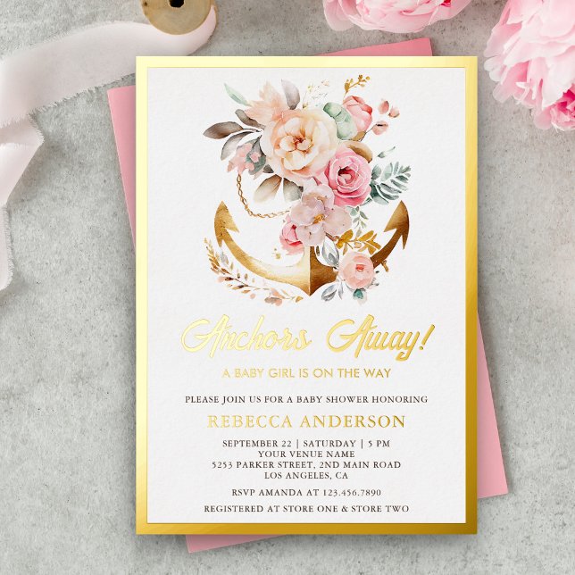 Invitación Con Relieve Metalizado Boho Floral Anchor Nautical Chica Baby Shower Gold (Subido por el creador)