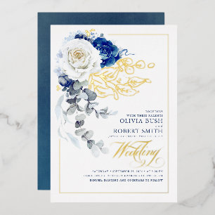 Invitación Con Relieve Metalizado Boho floral azul y blanca elegante de la marina