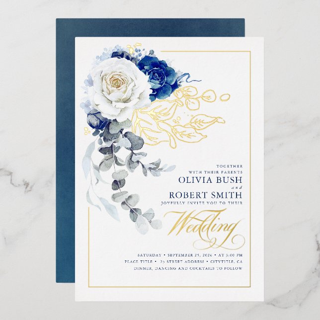 Invitación Con Relieve Metalizado Boho floral azul y blanca elegante de la marina (Anverso/Reverso)
