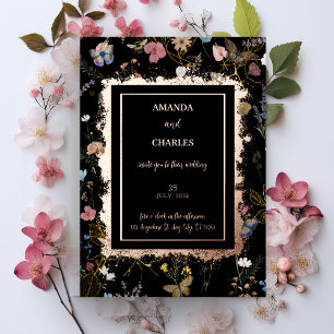 Invitación Con Relieve Metalizado Boho Floral Black Butterfly Garden Wedding