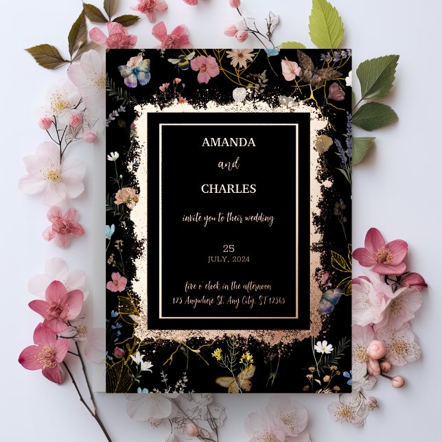 Invitación Con Relieve Metalizado Boho Floral Black Butterfly Garden Wedding (Subido por el creador)