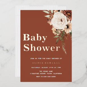 Invitación Con Relieve Metalizado Boho Floral Blanco Terracota Baby Shower Rosa Dora
