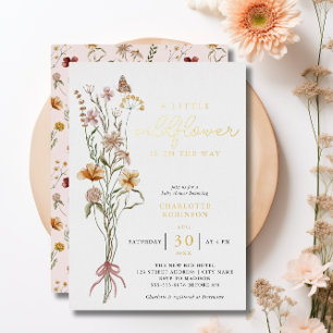 Invitación Con Relieve Metalizado Boho Floral Chica de flores silvestres Baby Shower