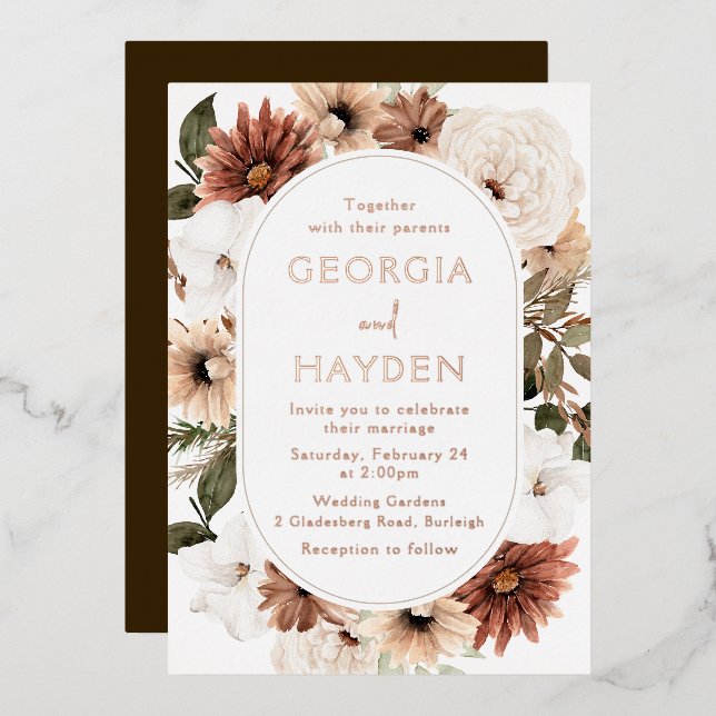 Invitación Con Relieve Metalizado Boho Floral Frame Boda Real (Anverso/Reverso)