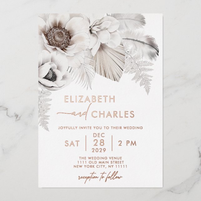Invitación Con Relieve Metalizado Boho Floral Invierno Rústico Boda Botánico (Anverso)