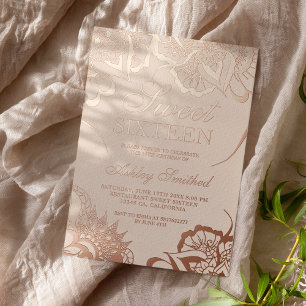 Invitación Con Relieve Metalizado Boho floral mandala rosa pálido chic Sweet 16