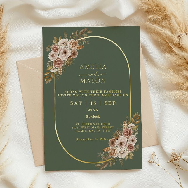 Invitación Con Relieve Metalizado Boho Floral Sage Green y Gold Boda (Sage Green and Gold Foil Floral Boho Wedding Invitation)