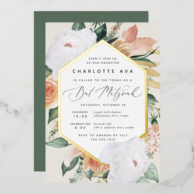 Invitación Con Relieve Metalizado Boho florece Bat floral moderno Mitzvah (Anverso/Reverso)