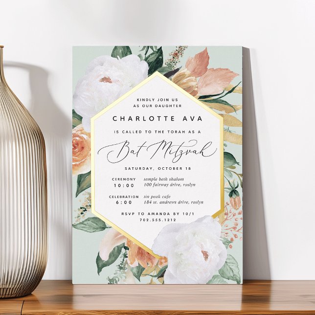 Invitación Con Relieve Metalizado Boho florece Bat floral moderno Mitzvah (Subido por el creador)