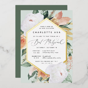 Invitación Con Relieve Metalizado Boho florece Bat floral moderno Mitzvah