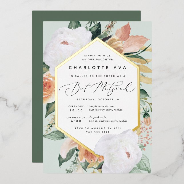 Invitación Con Relieve Metalizado Boho florece Bat floral moderno Mitzvah (Anverso/Reverso)