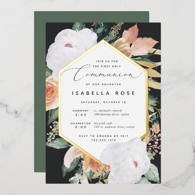 Invitación Con Relieve Metalizado Boho florece floral moderna primera comunión sagra (Anverso/Reverso)