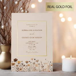 Invitación Con Relieve Metalizado Boho Flores Silvestres Terracota Boda Dorada