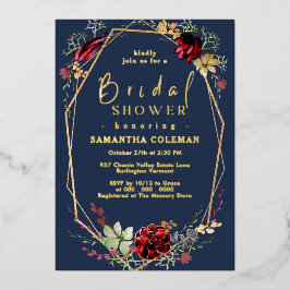 Invitación Con Relieve Metalizado Boho Geométrico Wildflower Blue Navy Shower