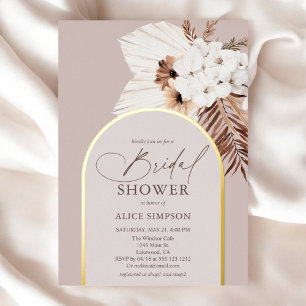 Invitación Con Relieve Metalizado Boho Hojas de Palma Secas Despedida de Soltera