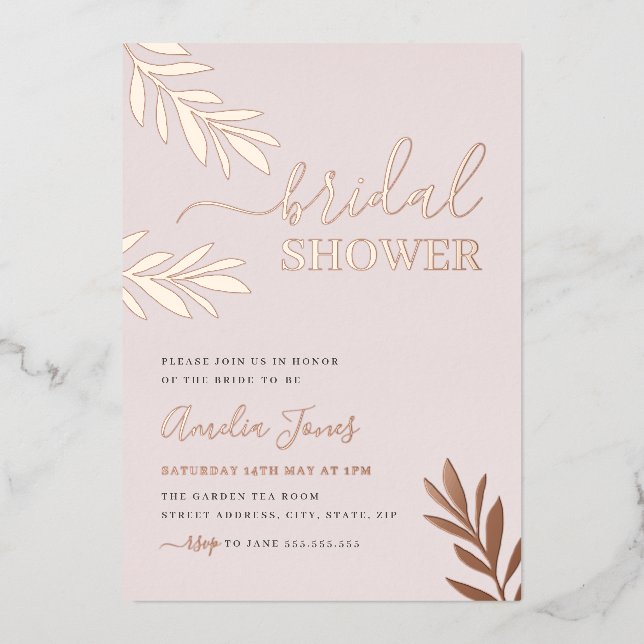 Invitación Con Relieve Metalizado Boho Leaf Rosa Gold Bridal Shower (Anverso)